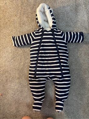 Baby Gap Navy White Striped Sherpa Lined Hooded Pram Suit Bunting 3-6m Bear